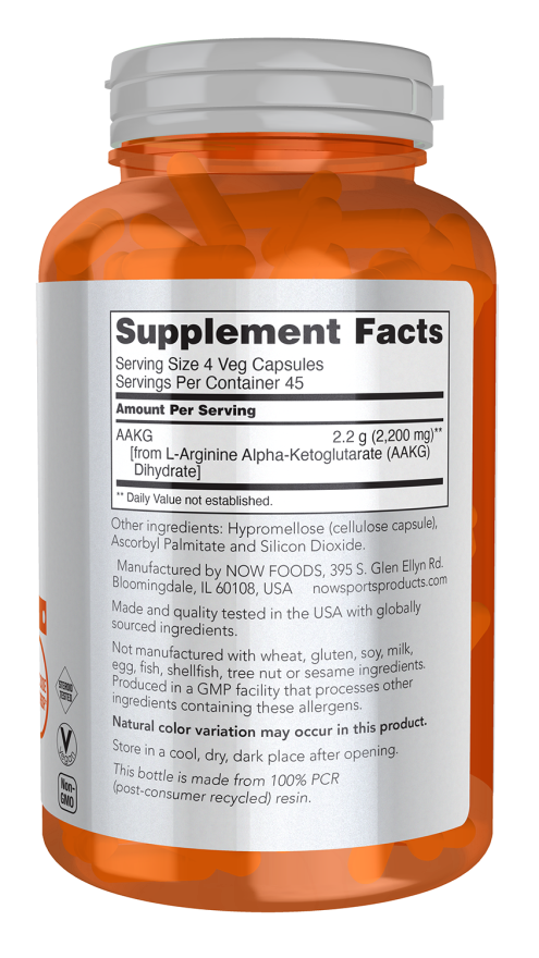 NOW Sports AAKG 2200 amino acid supplement bottle with 180 veg capsules