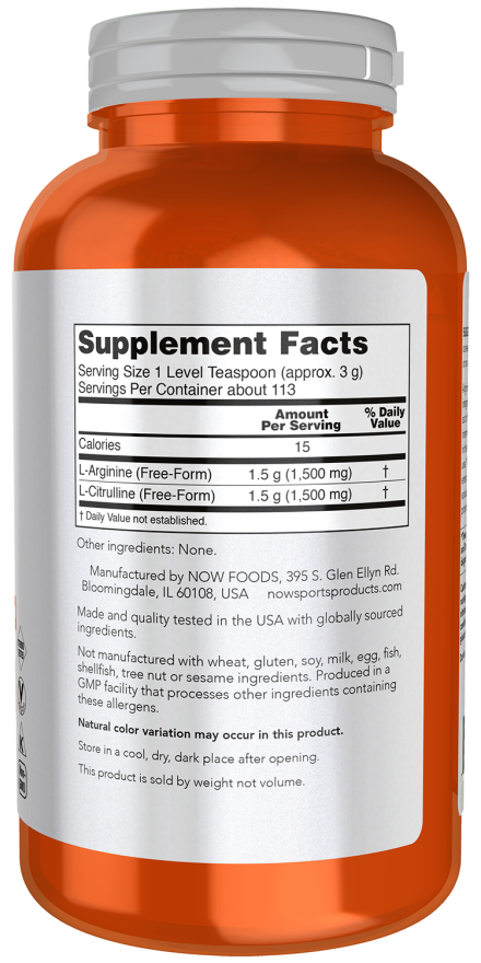 NOW Sports Arginine & Citrulline Powder 12 oz, 1:1 Amino Acid Formula for Protein Metabolism & Workout Support