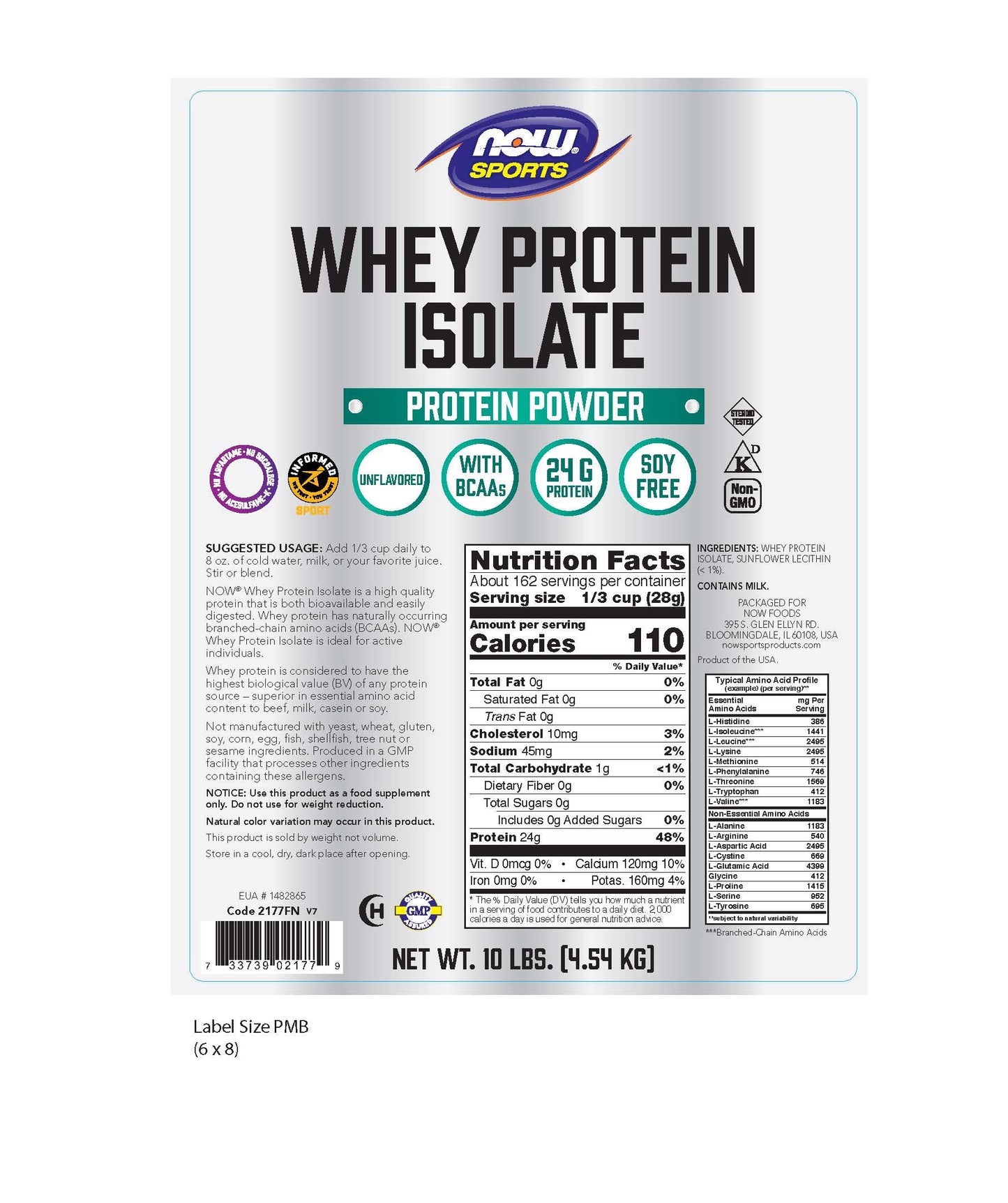 NOW Sports Whey Protein Isolate unflavored protein powder, 10 lb bag