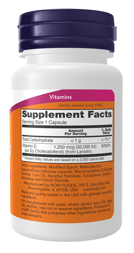 NOW Foods Vitamin D3 50,000 IU capsules for bone and immune health support