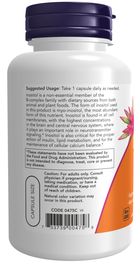 NOW Inositol Capsules 500 mg dietary supplement bottle with 100 veg capsules