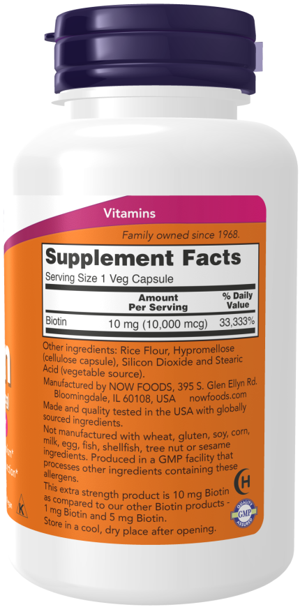 NOW Extra Strength Biotin dietary supplement for energy production support