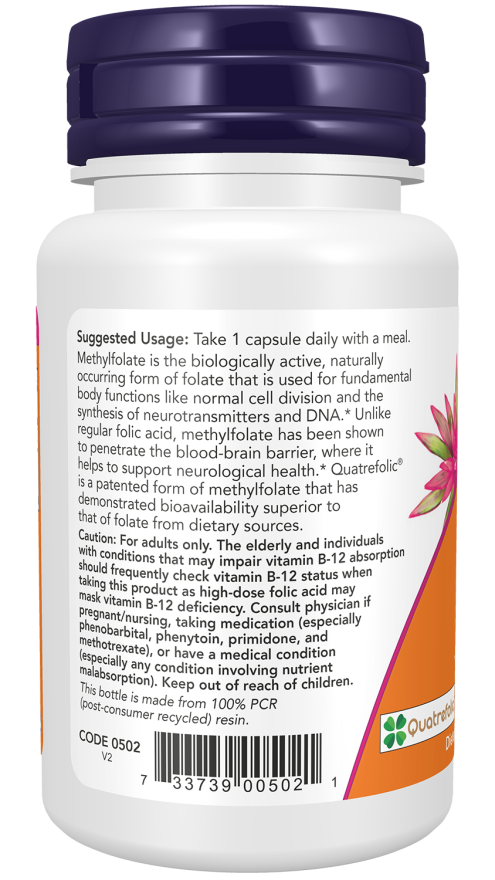 NOW Methyl Folate 5,000 mcg dietary supplement bottle with 50 veg capsules