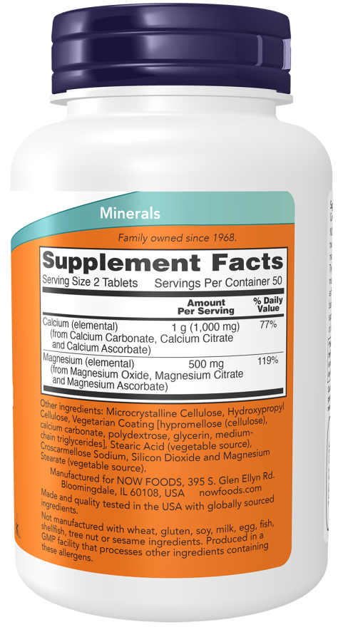 NOW Calcium & Magnesium dietary supplement bottle with 100 tablets