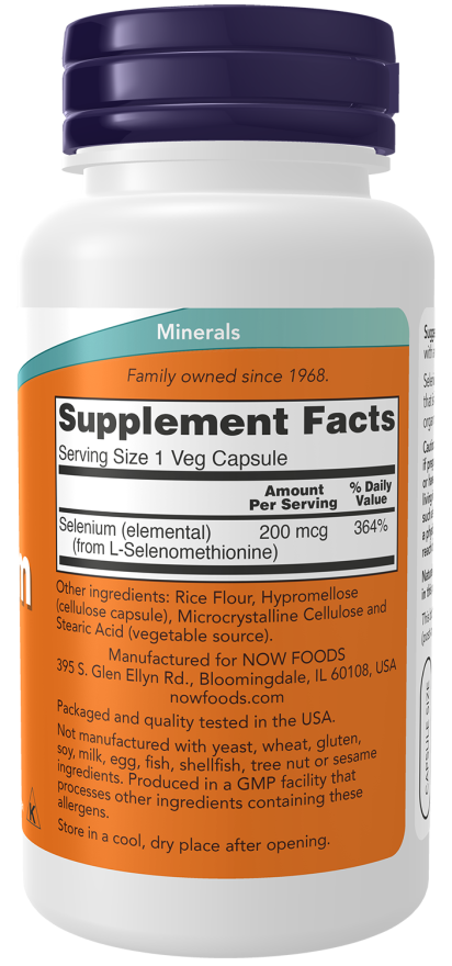 NOW Selenium 200 mcg essential mineral supplement bottle with 180 veg capsules