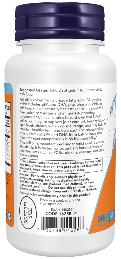 NOW Krill Oil 500 mg dietary supplement bottle with 120 softgels