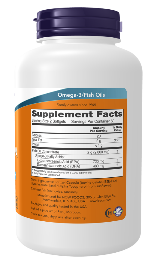 NOW Super Omega EPA Fish Oil dietary supplement bottle with 120 softgels