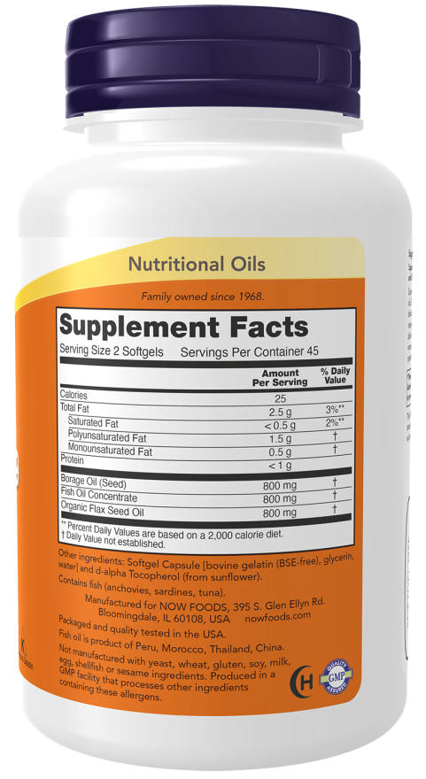 NOW Super Omega 3-6-9 Fish Oil dietary supplement bottle with 180 softgels