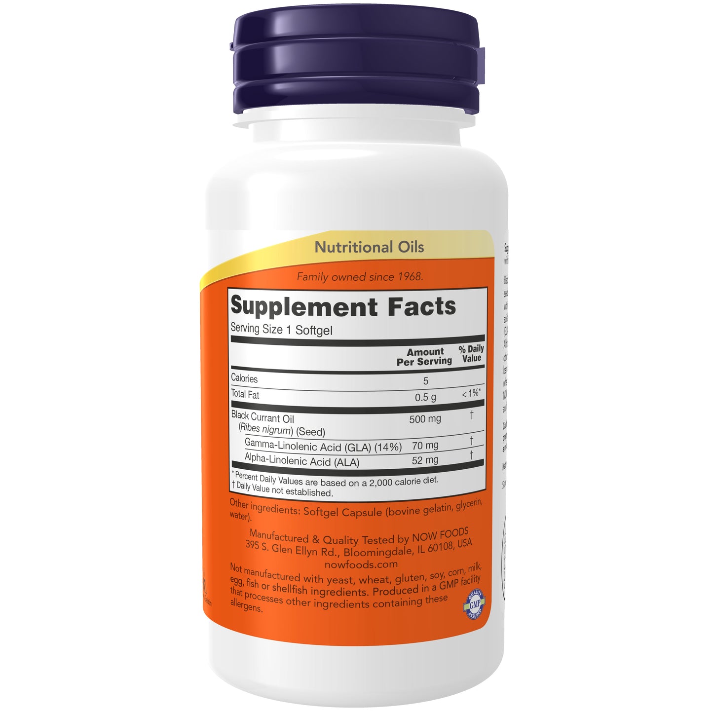NOW Black Currant Oil 500 mg dietary supplement bottle with 100 softgels