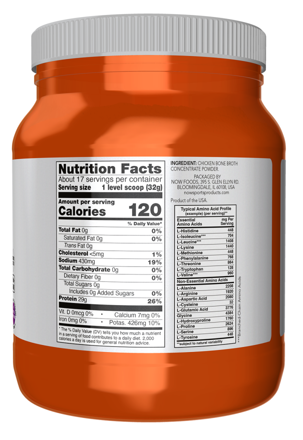 NOW Chicken Bone Broth Protein Powder dietary supplement in orange container