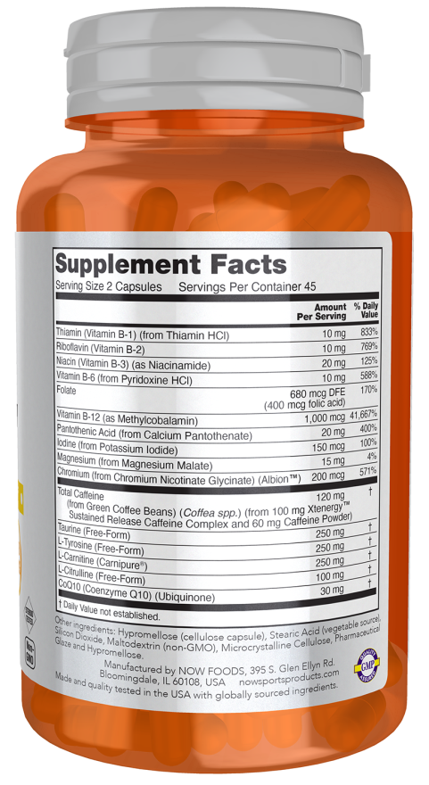 NOW Sports Sustained Energy supplement bottle with 90 capsules
