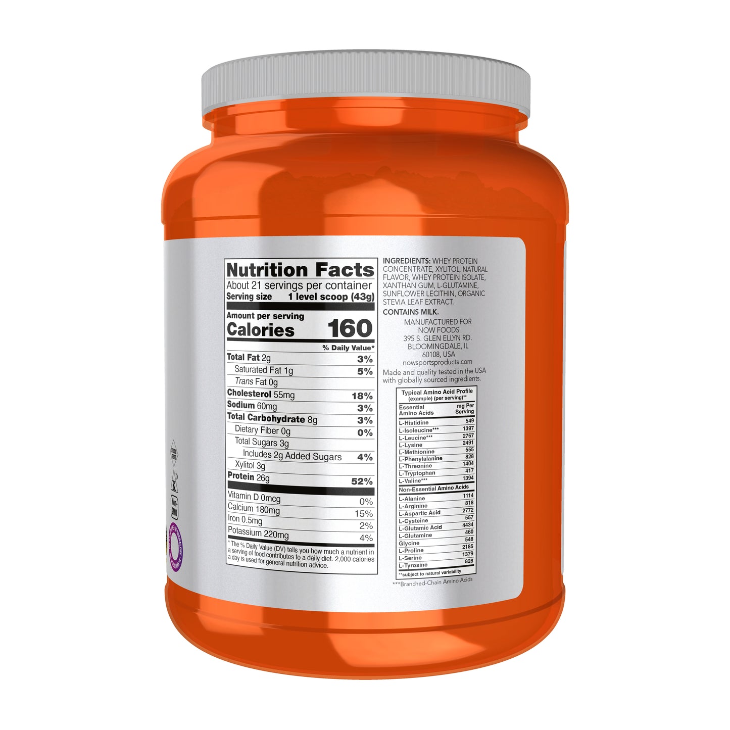 NOW Whey Protein powder with 26 g protein per serving
