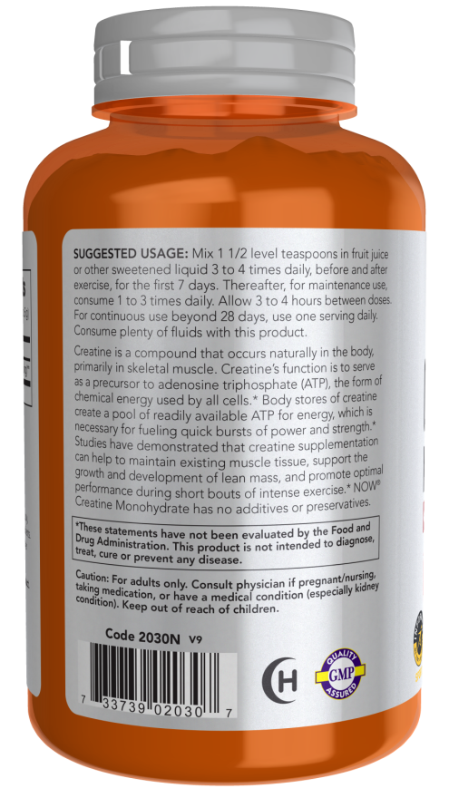 NOW Sports Creatine Monohydrate pure powder supplement, 8 oz container