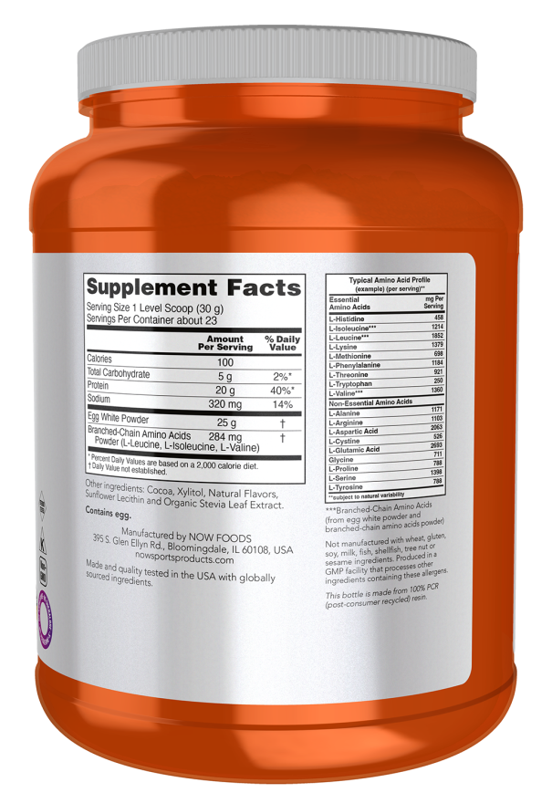 NOW Sports Egg White Protein with BCAAs creamy chocolate protein powder