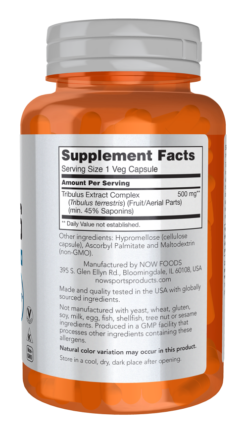 NOW Sports Tribulus 500 mg supplement bottle with 100 veg capsules