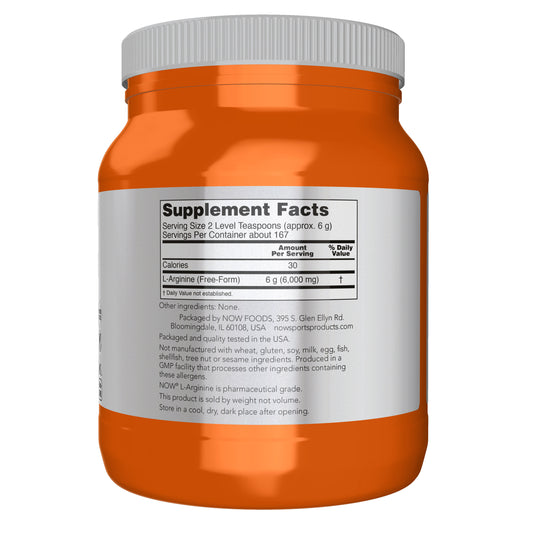 NOW L-Arginine Powder front and back bottle views with supplement facts