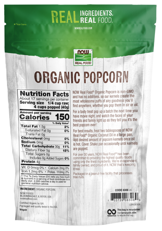 NOW Real Food Organic Popcorn Kernels, Non-GMO Vegan Whole Grain Snack, 24 oz