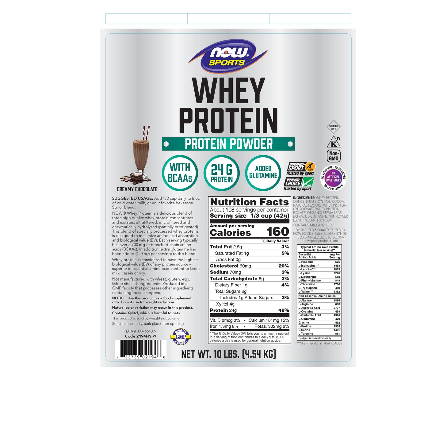 NOW Sports Whey Protein creamy chocolate protein powder, 10 lb bag