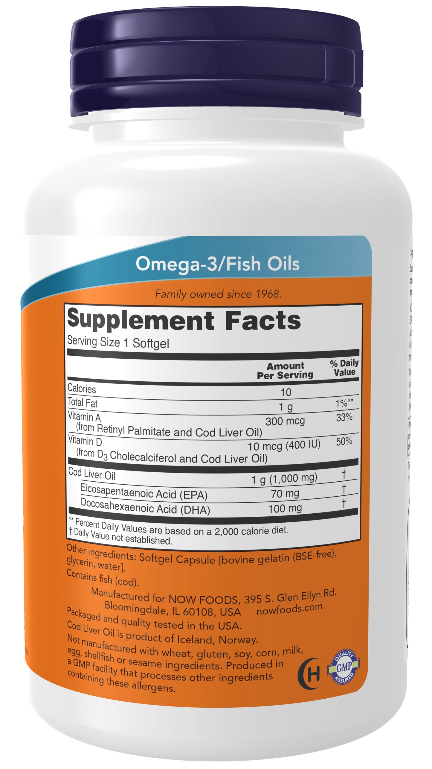 NOW Cod Liver Oil 1000 mg extra strength supplement bottle with 90 softgels