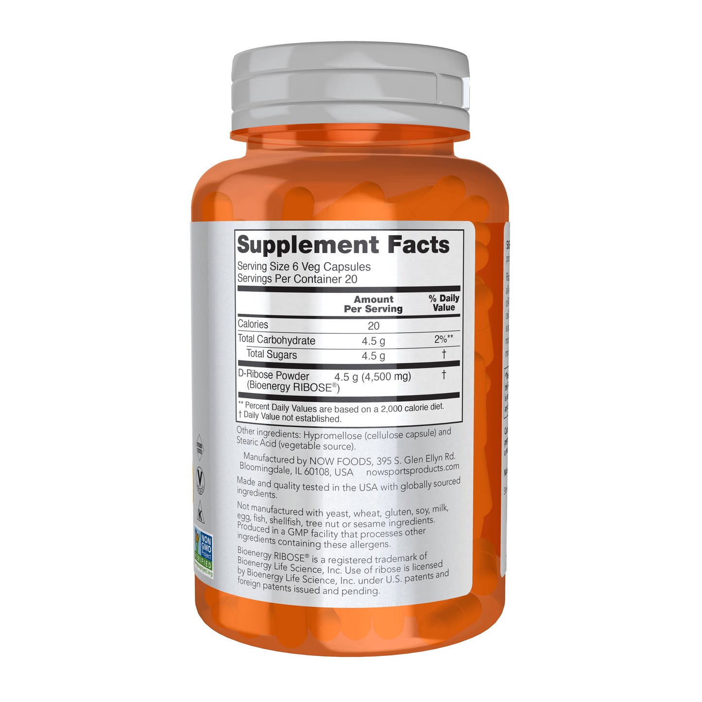 NOW Sports D-Ribose 750 mg dietary supplement bottle with 120 veg capsules
