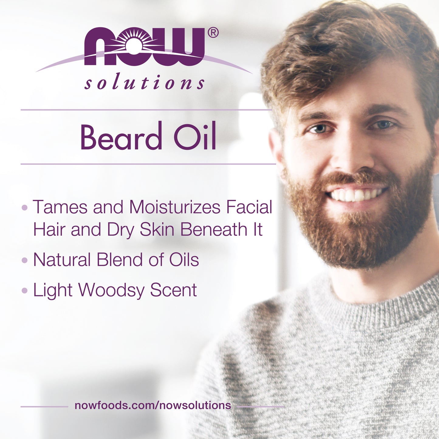 NOW Solutions Beard Oil bottle with light woodsy scent, 1 fl oz
