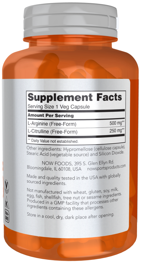 NOW Sports Arginine and Citrulline supplement with 120 veg capsules