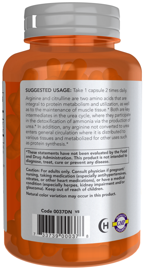 NOW Sports Arginine & Citrulline 500 mg/250 mg amino acid supplement bottle
