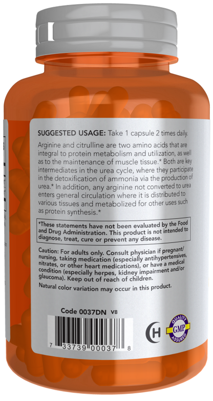 NOW Sports Arginine & Citrulline 500 mg/250 mg amino acid supplement bottle