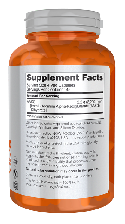 NOW Sports AAKG 2200 amino acid supplement bottle with 180 veg capsules