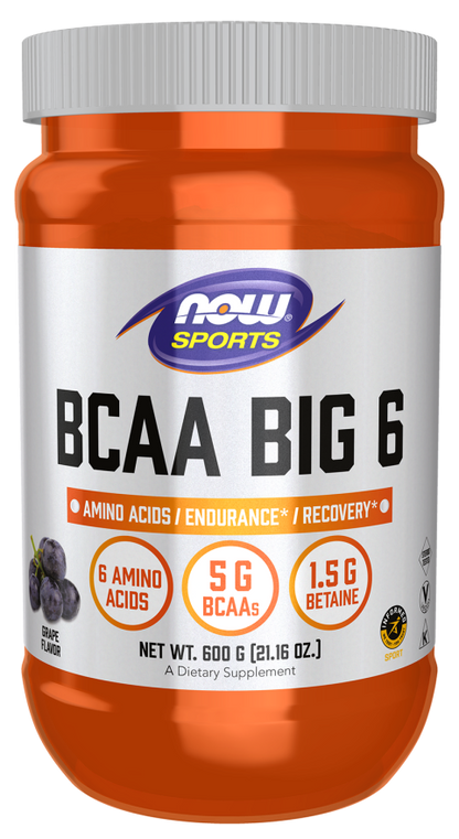 NOW BCAA Big 6 grape flavor sports recovery powder bottle