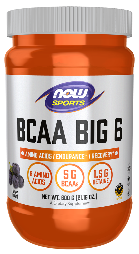 NOW BCAA Big 6 grape flavor sports recovery powder bottle
