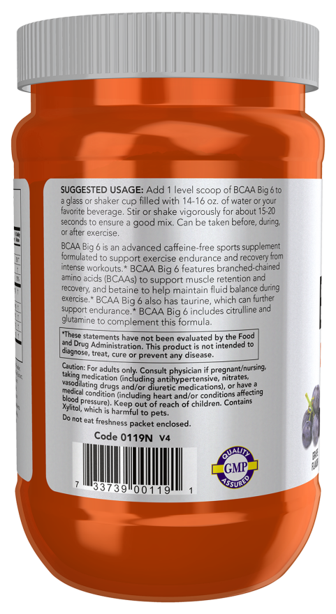 NOW Sports BCAA Big 6 supplement with 5 g BCAAs and 1.5 g betaine