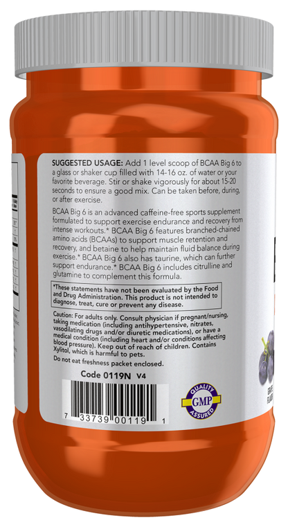 NOW Sports BCAA Big 6 supplement with 5 g BCAAs and 1.5 g betaine