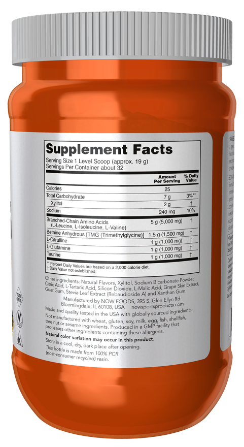NOW Sports BCAA Big 6 grape flavor amino acid powder, 600 g container