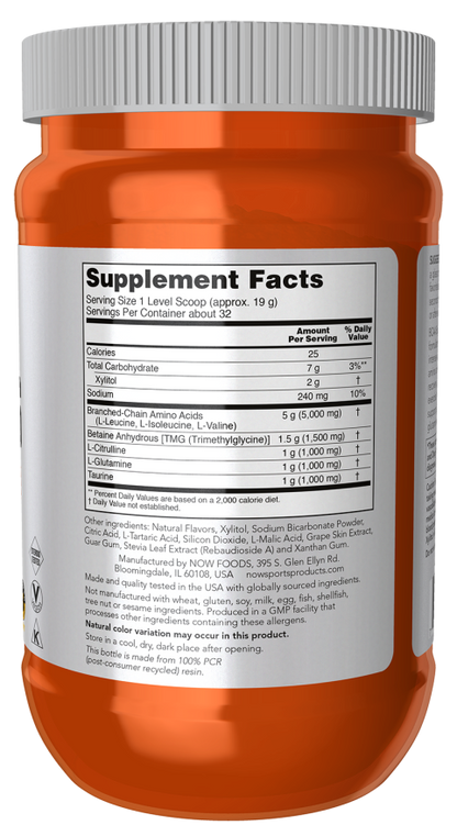 NOW Sports BCAA Big 6 grape flavor amino acid powder, 600 g container