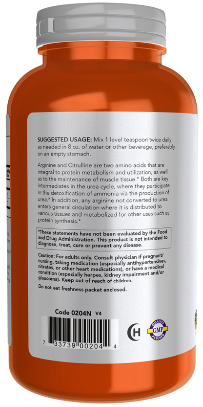NOW Sports Arginine & Citrulline Powder 12 oz, 1:1 Amino Acid Formula for Protein Metabolism & Workout Support