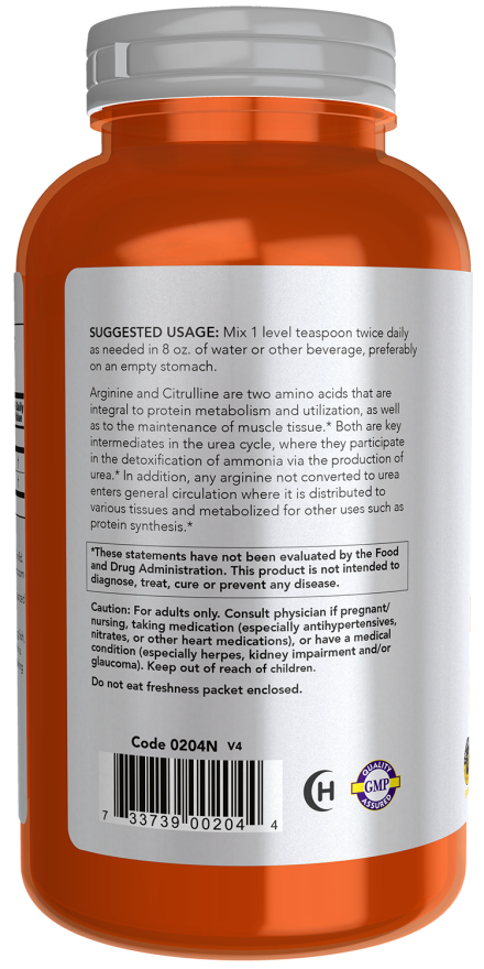 NOW Sports Arginine & Citrulline Powder 12 oz, 1:1 Amino Acid Formula for Protein Metabolism & Workout Support