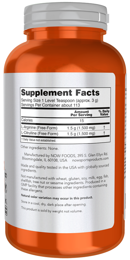 NOW Sports Arginine & Citrulline Powder 12 oz, 1:1 Amino Acid Formula for Protein Metabolism & Workout Support
