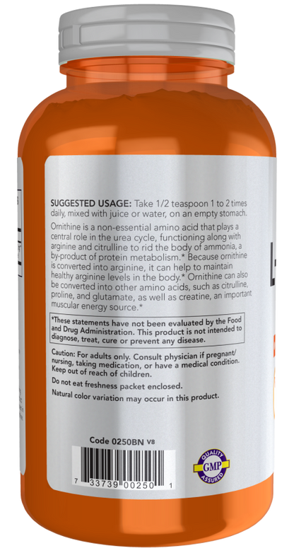 NOW Sports L-Ornithine Powder amino acid supplement, 8 oz container