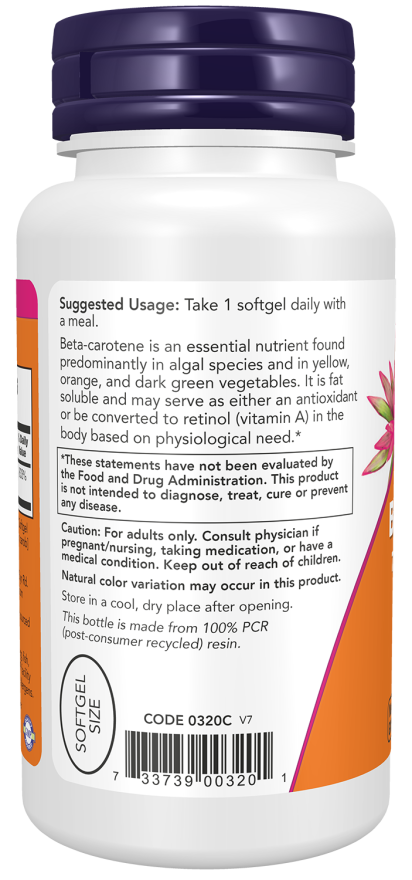 NOW Foods Natural Beta Carotene 25,000 IU softgels for essential nutrition support