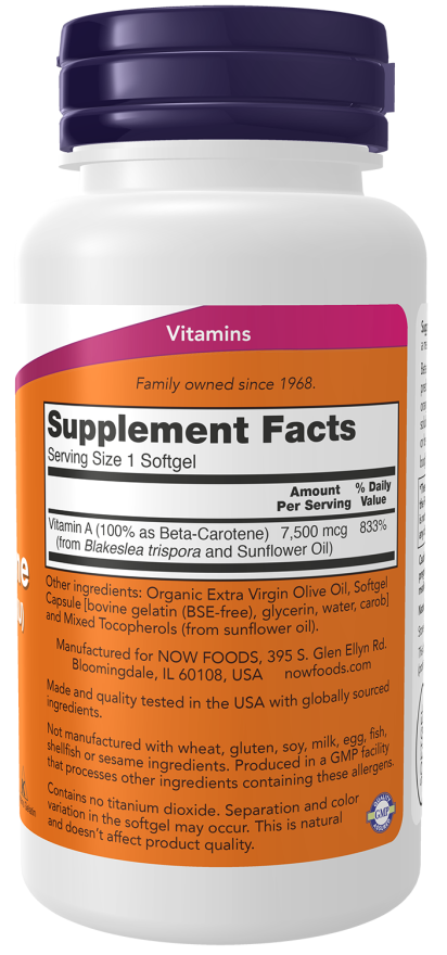 NOW Natural Beta Carotene 7,500 mcg dietary supplement bottle with 90 softgels