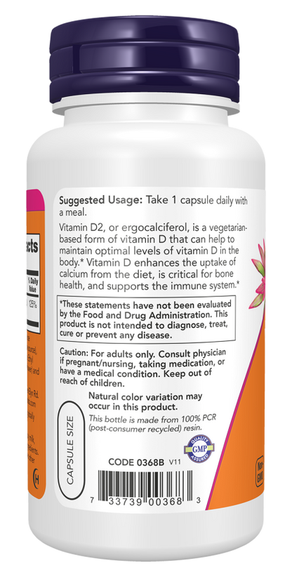 NOW Foods Vitamin D2 1000 IU Dry – Bone, Muscle & Immune Support, 120 Veg Capsules