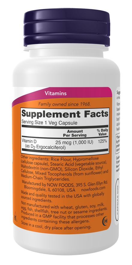 NOW Foods Vitamin D2 1000 IU Dry – Bone, Muscle & Immune Support, 120 Veg Capsules