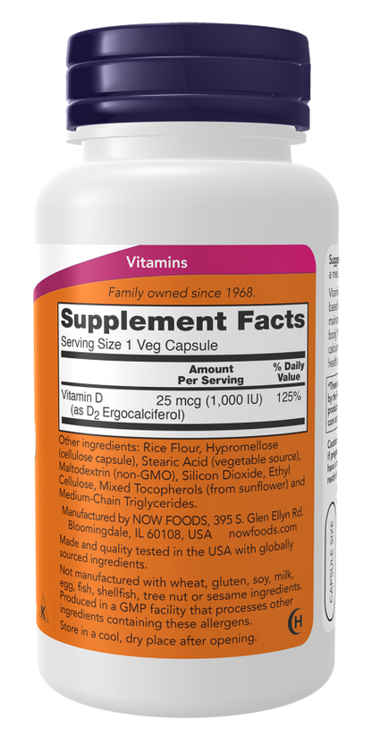 NOW Foods Vitamin D2 1000 IU Dry – Bone, Muscle & Immune Support, 120 Veg Capsules