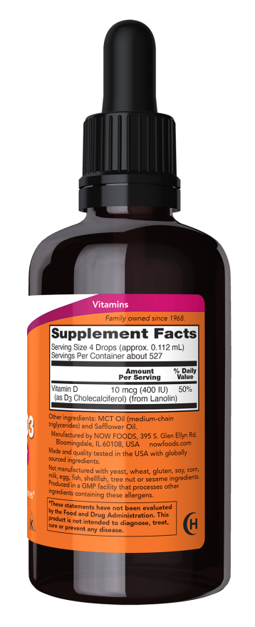 NOW Liquid Vitamin D3 dietary supplement bottle, 2 fl oz