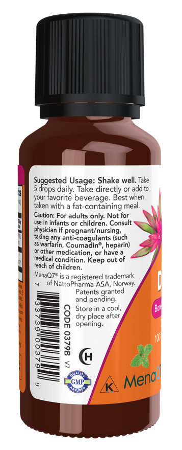 NOW Liquid D3 & MK-7 supplement bottle with natural mint flavor