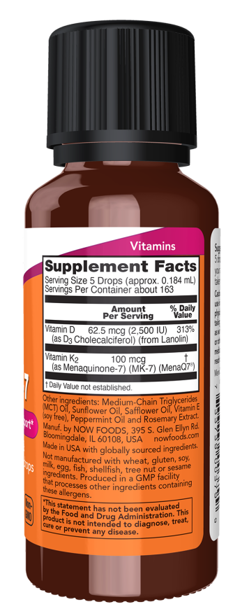 NOW Liquid D3 & MK-7 1 fl oz dietary supplement