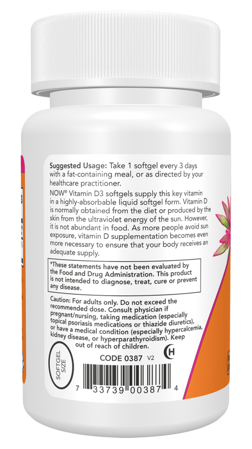 NOW Vitamin D3 10,000 IU softgels for bone and immune health support