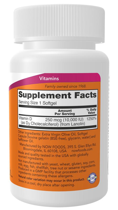 NOW High Potency Vitamin D3 10,000 IU supplement bottle with 30 softgels