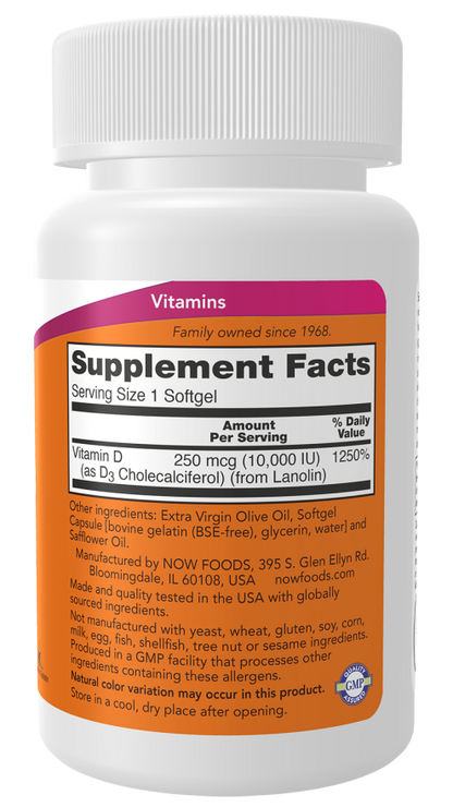 NOW High Potency Vitamin D3 10,000 IU supplement bottle with 30 softgels